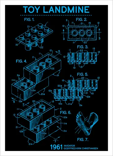 Toy Trap Blueprint - Lego, legos, funny, bricks, lego blueprint, blueprint, inventor, toys on floor, dad, fathers day, humour, toy mat, box of toys, foot, standing on toys - Kunstdruck