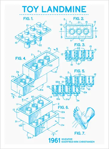 Toy Trap Blueprint - Lego, legos, funny, bricks, lego blueprint, blueprint, inventor, toys on floor, dad, fathers day, humour, toy mat, box of toys, foot, standing on toys - Kunstdruck