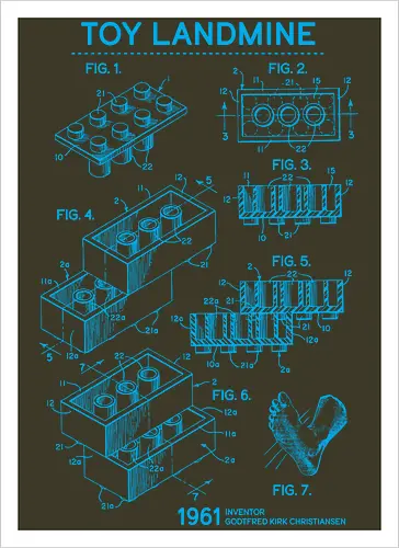 Toy Trap Blueprint - Lego, legos, funny, bricks, lego blueprint, blueprint, inventor, toys on floor, dad, fathers day, humour, toy mat, box of toys, foot, standing on toys - Kunstdruck