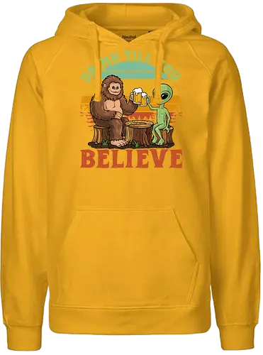 Drink Till You Believe - sasquatch, alien, beer, sunset, retro, humorous, friendship, surreal, typography, forest. - Fairtrade Hoodie