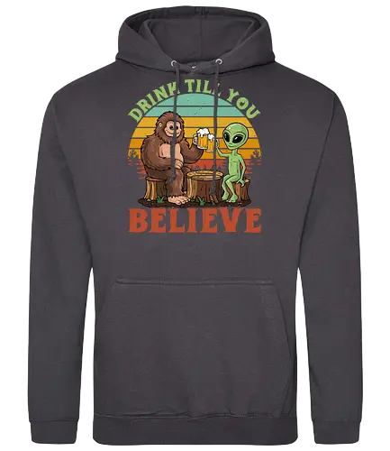 Drink Till You Believe - sasquatch, alien, beer, sunset, retro, humorous, friendship, surreal, typography, forest. - Standard Hoodie