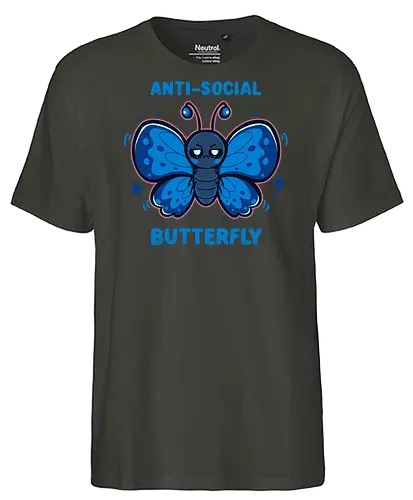 Anti Social Butterfly - sarcastic, mood, moody, relatable, attitude, blue butterfly, social anxiety, introverted, funny, asozialer Schmetterling, Schmetterling, unsozial, sozialer Schmetterling, introvertiert, mürrisch, sarkastisch, anti social butterfly, butterfly, antisocial, social butterfly, introvert, grumpy - Fairtrade T-Shirt
