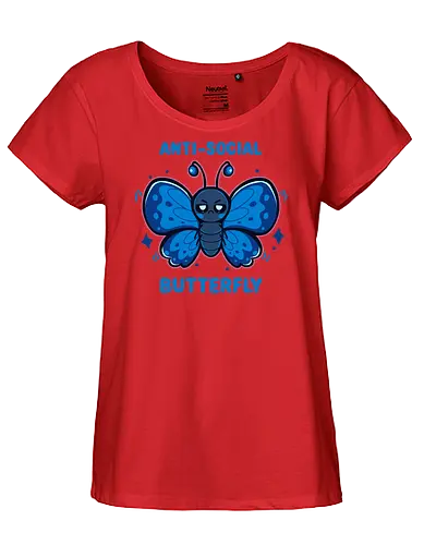 Anti Social Butterfly - sarcastic, mood, moody, relatable, attitude, blue butterfly, social anxiety, introverted, funny, asozialer Schmetterling, Schmetterling, unsozial, sozialer Schmetterling, introvertiert, mürrisch, sarkastisch, anti social butterfly, butterfly, antisocial, social butterfly, introvert, grumpy - Fairtrade Girl Shirt