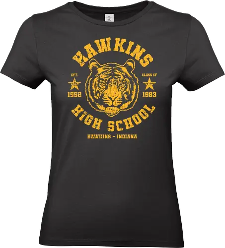 Hawkins High School - Strange, 80s, demogorgon, eleven, hawkins, high school, horror, middle school, TV, sci fi, sports, tiger, upside down, sports tv, tv shows - Standard T-Shirt (Frauen)