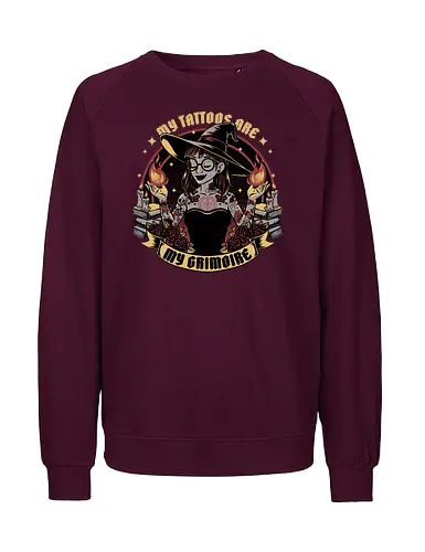 Witch Tattoo Grimoire - Books, Occult, Occultism, Roses, Woman, Pinup, Witch, Bewitched, Witch, Witches, Witchcraft, Magic, Magical, Dark Fantasy, Fantasy, Ritual, Spells, Spell, Spell Book, Tattoo, Tattoos, Traditional Tattoo - Fairtrade Sweatshirt