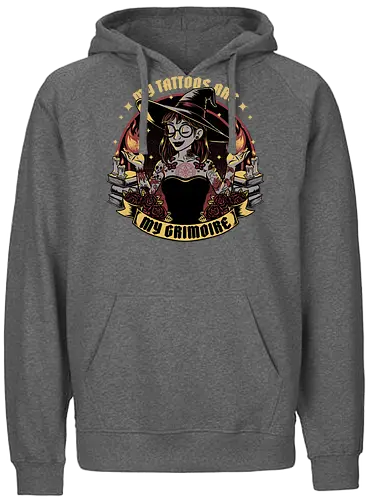 Witch Tattoo Grimoire - Books, Occult, Occultism, Roses, Woman, Pinup, Witch, Bewitched, Witch, Witches, Witchcraft, Magic, Magical, Dark Fantasy, Fantasy, Ritual, Spells, Spell, Spell Book, Tattoo, Tattoos, Traditional Tattoo - Fairtrade Hoodie