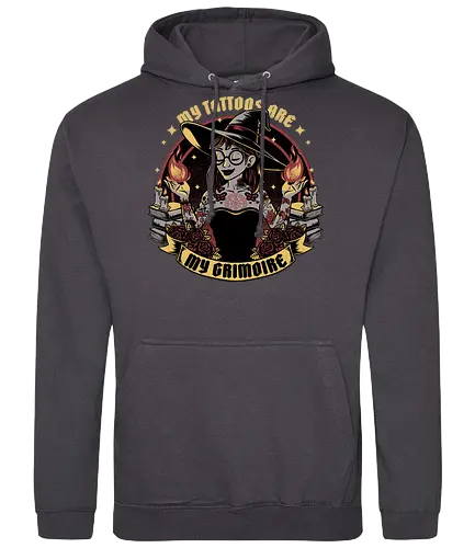 Witch Tattoo Grimoire - Books, Occult, Occultism, Roses, Woman, Pinup, Witch, Bewitched, Witch, Witches, Witchcraft, Magic, Magical, Dark Fantasy, Fantasy, Ritual, Spells, Spell, Spell Book, Tattoo, Tattoos, Traditional Tattoo - Standard Hoodie