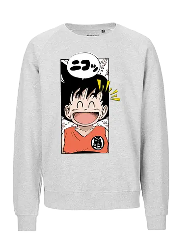 happy goku - manga, anime, character, cheerful, speech bubble, japanese text, smile, orange outfit, spiky hair, joyful - Fairtrade Sweatshirt