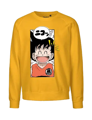happy goku - manga, anime, character, cheerful, speech bubble, japanese text, smile, orange outfit, spiky hair, joyful - Fairtrade Sweatshirt