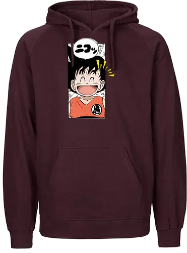 happy goku - manga, anime, character, cheerful, speech bubble, japanese text, smile, orange outfit, spiky hair, joyful - Fairtrade Hoodie