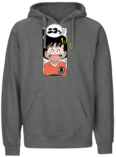 happy goku - manga, anime, character, cheerful, speech bubble, japanese text, smile, orange outfit, spiky hair, joyful - Fairtrade Hoodie
