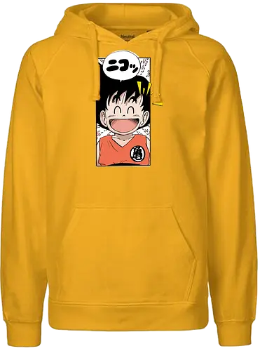 happy goku - manga, anime, character, cheerful, speech bubble, japanese text, smile, orange outfit, spiky hair, joyful - Fairtrade Hoodie