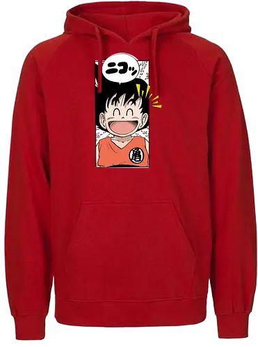 happy goku - manga, anime, character, cheerful, speech bubble, japanese text, smile, orange outfit, spiky hair, joyful - Fairtrade Hoodie