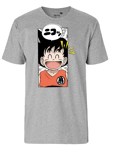 happy goku - manga, anime, character, cheerful, speech bubble, japanese text, smile, orange outfit, spiky hair, joyful - Fairtrade T-Shirt