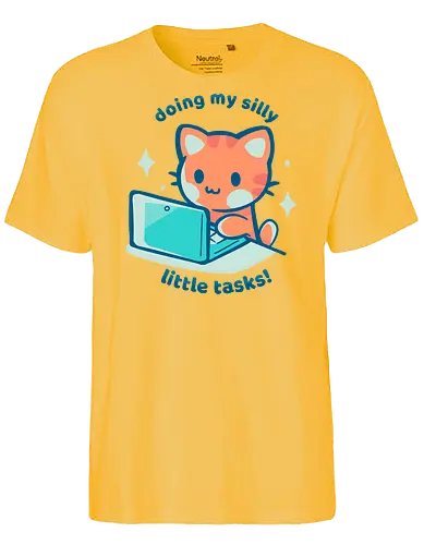 Doing my Silly Little Tasks - silly tasks, cat typing, cute work, kawaii cat, work from home, productivity, funny office, dumme Aufgaben, Katze tippt, niedliche Arbeit, kawaii Katze, Arbeit von zu Hause, Produktivität, lustiges Büro, gemütlicher Kern, pastellfarbene Katze - Fairtrade T-Shirt