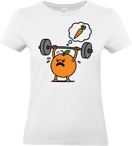 determined orange - orange, weightlifting, carrot, motivation, fitness, exercise, cartoon, humor, determination, fruit - Standard T-Shirt (Frauen)