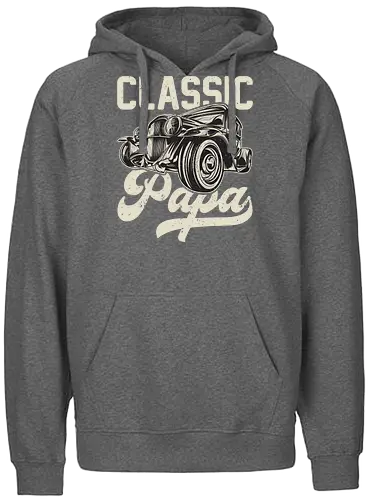 Classic Papa - vintage car, retro design, classic automobile, dark background, typography, antique, vehicle illustration, nostalgic, retro font, stylish design - Fairtrade Hoodie