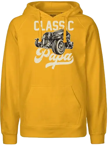 Classic Papa - vintage car, retro design, classic automobile, dark background, typography, antique, vehicle illustration, nostalgic, retro font, stylish design - Fairtrade Hoodie