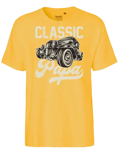 Classic Papa - vintage car, retro design, classic automobile, dark background, typography, antique, vehicle illustration, nostalgic, retro font, stylish design - Fairtrade T-Shirt