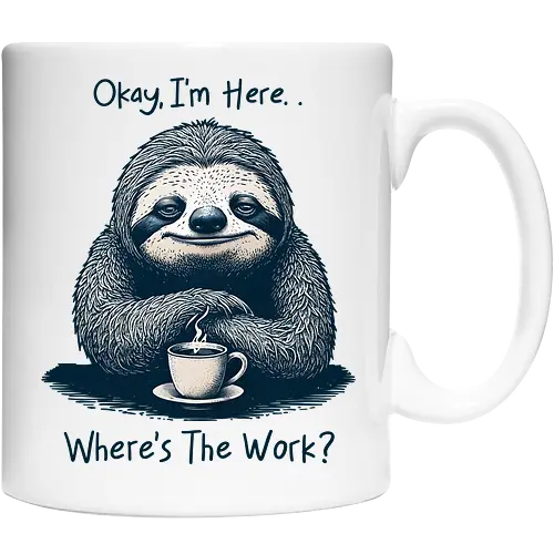Where’s The Work? - office life, relatable, humor, funny, sloth, salary, employee, job, i’m here, okay, where’s the work, sarcastic, sarcasm - Keramiktasse