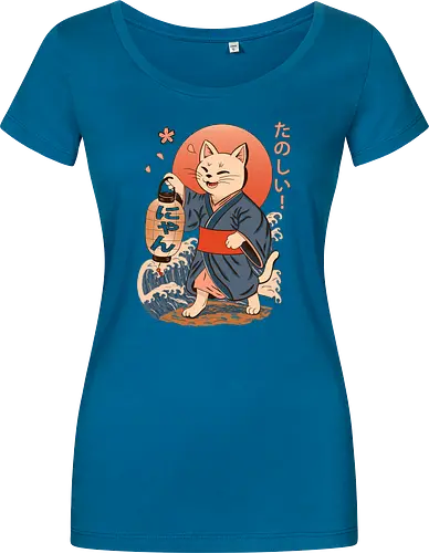 ukiyo-e style cat – japanese - festival kimono cat, lantern neko vibe, wavy samurai cat, blossom temple feline, vintage matsuri mood, red sun neko, joyful kimono cat, happy feline festival, kawaii wave cat, japanese lantern joy, zen festival friend - Damen T-Shirt