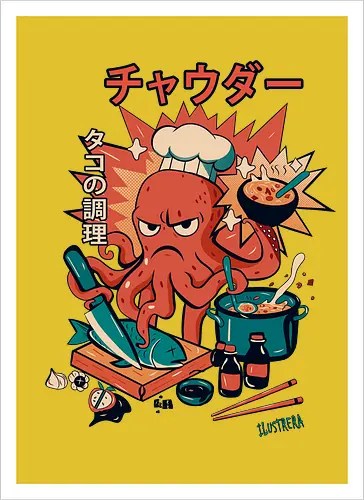 Angry Octo Chef: Ramen Rampage - angry ramen octopus, japanese food chaos, comic sushi master, funny chef fury, angry cook scene, tentacle kitchen fight, kawaii food attack, ramen pot monster street food comic, spicy dish splash, japanese lunch drama, ushi blade fury, ooking beast mode, comic tentacle twist - Kunstdruck