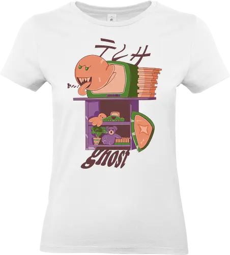 Ghost in the Console - retro ghost vibe, haunted console art, spooky cute style, pastel horror mix, ghost game retro, vintage tv monster, nostalgic ghost scene, childhood horror toy, cute creepy fusion, cartoon ghost pop, pixel past chill, console spirit burst, ghostly tv dream - Standard T-Shirt (Frauen)