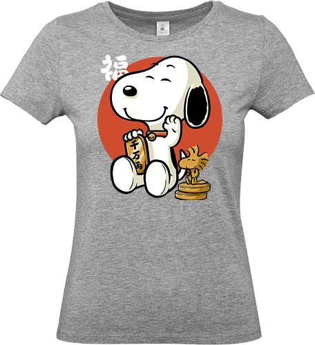 Luck Money Beagle - Money, Cereal, Lucky Cat, Lucky, Good Luck, Luck, Japanese, Kanji, Classic, Vintage, Retro, Retro Vintage, Comic, Comics, Dog, Pet, Bird, Gold - Standard T-Shirt (Frauen)