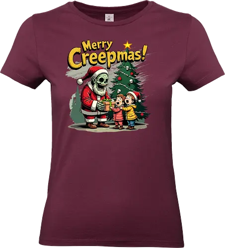 Merry Creepmas! - skeleton, santa claus, christmas tree, gift, children, surprise, holiday, humorous, spooky, text - Standard T-Shirt (Frauen)