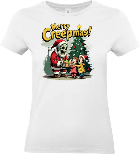 Merry Creepmas! - skeleton, santa claus, christmas tree, gift, children, surprise, holiday, humorous, spooky, text - Standard T-Shirt (Frauen)