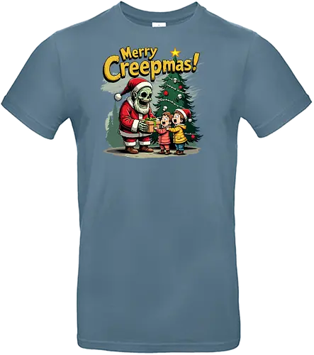 Merry Creepmas! - skeleton, santa claus, christmas tree, gift, children, surprise, holiday, humorous, spooky, text - Standard T-Shirt
