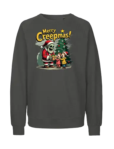 Merry Creepmas! - skeleton, santa claus, christmas tree, gift, children, surprise, holiday, humorous, spooky, text - Fairtrade Sweatshirt