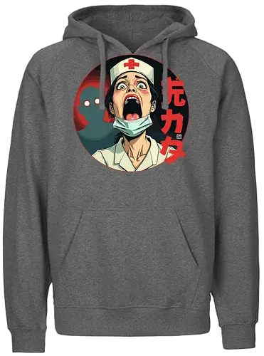 scared nurse - screaming, shadow, red eyes, nurse, japanese text, dark background, fear, expression, manga style, uniform - Fairtrade Hoodie