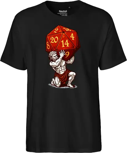 D20 Atlas - not holding the world, but a massive, glowing red D20. A bold fusion of ancient mythology and tabletop RPG culture, it's perfect for RPG fans, fantasy lovers, vivid colors, Carry the weight of fateâ€”with style! This epic design features Atlas, the legendary titan, and dice enthusiasts alike. Each face of the die symbolizes the unpredictability of fate, while Atlas represents the strength it takes to bear it. Striking artwork, and a clever twist on classic loreâ€”this design is a critical hit for any adventurer at heart. aesthetic, atlas, cool, critical hit, d20, dices, dragon, dungeon, funny tee, gaming, geek, greek statue, illustration, retro tee, roleplay, rpg, rpg dices, vintage, lm2kone, auto_awesome Essayez avec : aesthetic, atlas, cool, critical hit, d20, dices, dragon, dungeon, funny tee, gaming, geek, greek statue, illustration, retro tee, roleplay, rpg, rpg dices, vintage, lm2 kone, 174 / 5 000 Ästhetik, Atlas, Cool, Kritischer Treffer, d20, Würfel, Drache, Dungeon, Lustiges T-Shirt, Gaming, Geek, Griechische Statue, Illustration, Retro-T-Shirt, Rollenspiel, RPG, RPG-Würfel, Vintage, lm2kone - Fairtrade T-Shirt