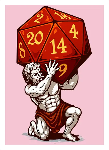 D20 Atlas - not holding the world, but a massive, glowing red D20. A bold fusion of ancient mythology and tabletop RPG culture, it's perfect for RPG fans, fantasy lovers, vivid colors, Carry the weight of fateâ€”with style! This epic design features Atlas, the legendary titan, and dice enthusiasts alike. Each face of the die symbolizes the unpredictability of fate, while Atlas represents the strength it takes to bear it. Striking artwork, and a clever twist on classic loreâ€”this design is a critical hit for any adventurer at heart. aesthetic, atlas, cool, critical hit, d20, dices, dragon, dungeon, funny tee, gaming, geek, greek statue, illustration, retro tee, roleplay, rpg, rpg dices, vintage, lm2kone, auto_awesome Essayez avec : aesthetic, atlas, cool, critical hit, d20, dices, dragon, dungeon, funny tee, gaming, geek, greek statue, illustration, retro tee, roleplay, rpg, rpg dices, vintage, lm2 kone, 174 / 5 000 Ästhetik, Atlas, Cool, Kritischer Treffer, d20, Würfel, Drache, Dungeon, Lustiges T-Shirt, Gaming, Geek, Griechische Statue, Illustration, Retro-T-Shirt, Rollenspiel, RPG, RPG-Würfel, Vintage, lm2kone - Kunstdruck