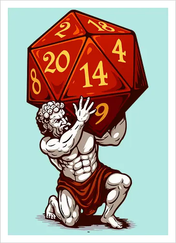 D20 Atlas - not holding the world, but a massive, glowing red D20. A bold fusion of ancient mythology and tabletop RPG culture, it's perfect for RPG fans, fantasy lovers, vivid colors, Carry the weight of fateâ€”with style! This epic design features Atlas, the legendary titan, and dice enthusiasts alike. Each face of the die symbolizes the unpredictability of fate, while Atlas represents the strength it takes to bear it. Striking artwork, and a clever twist on classic loreâ€”this design is a critical hit for any adventurer at heart. aesthetic, atlas, cool, critical hit, d20, dices, dragon, dungeon, funny tee, gaming, geek, greek statue, illustration, retro tee, roleplay, rpg, rpg dices, vintage, lm2kone, auto_awesome Essayez avec : aesthetic, atlas, cool, critical hit, d20, dices, dragon, dungeon, funny tee, gaming, geek, greek statue, illustration, retro tee, roleplay, rpg, rpg dices, vintage, lm2 kone, 174 / 5 000 Ästhetik, Atlas, Cool, Kritischer Treffer, d20, Würfel, Drache, Dungeon, Lustiges T-Shirt, Gaming, Geek, Griechische Statue, Illustration, Retro-T-Shirt, Rollenspiel, RPG, RPG-Würfel, Vintage, lm2kone - Kunstdruck