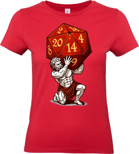 D20 Atlas - not holding the world, but a massive, glowing red D20. A bold fusion of ancient mythology and tabletop RPG culture, it's perfect for RPG fans, fantasy lovers, vivid colors, Carry the weight of fateâ€”with style! This epic design features Atlas, the legendary titan, and dice enthusiasts alike. Each face of the die symbolizes the unpredictability of fate, while Atlas represents the strength it takes to bear it. Striking artwork, and a clever twist on classic loreâ€”this design is a critical hit for any adventurer at heart. aesthetic, atlas, cool, critical hit, d20, dices, dragon, dungeon, funny tee, gaming, geek, greek statue, illustration, retro tee, roleplay, rpg, rpg dices, vintage, lm2kone, auto_awesome Essayez avec : aesthetic, atlas, cool, critical hit, d20, dices, dragon, dungeon, funny tee, gaming, geek, greek statue, illustration, retro tee, roleplay, rpg, rpg dices, vintage, lm2 kone, 174 / 5 000 Ästhetik, Atlas, Cool, Kritischer Treffer, d20, Würfel, Drache, Dungeon, Lustiges T-Shirt, Gaming, Geek, Griechische Statue, Illustration, Retro-T-Shirt, Rollenspiel, RPG, RPG-Würfel, Vintage, lm2kone - Standard T-Shirt (Frauen)