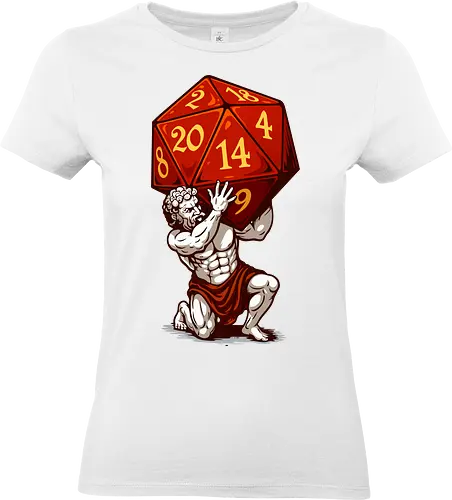 D20 Atlas - not holding the world, but a massive, glowing red D20. A bold fusion of ancient mythology and tabletop RPG culture, it's perfect for RPG fans, fantasy lovers, vivid colors, Carry the weight of fateâ€”with style! This epic design features Atlas, the legendary titan, and dice enthusiasts alike. Each face of the die symbolizes the unpredictability of fate, while Atlas represents the strength it takes to bear it. Striking artwork, and a clever twist on classic loreâ€”this design is a critical hit for any adventurer at heart. aesthetic, atlas, cool, critical hit, d20, dices, dragon, dungeon, funny tee, gaming, geek, greek statue, illustration, retro tee, roleplay, rpg, rpg dices, vintage, lm2kone, auto_awesome Essayez avec : aesthetic, atlas, cool, critical hit, d20, dices, dragon, dungeon, funny tee, gaming, geek, greek statue, illustration, retro tee, roleplay, rpg, rpg dices, vintage, lm2 kone, 174 / 5 000 Ästhetik, Atlas, Cool, Kritischer Treffer, d20, Würfel, Drache, Dungeon, Lustiges T-Shirt, Gaming, Geek, Griechische Statue, Illustration, Retro-T-Shirt, Rollenspiel, RPG, RPG-Würfel, Vintage, lm2kone - Standard T-Shirt (Frauen)
