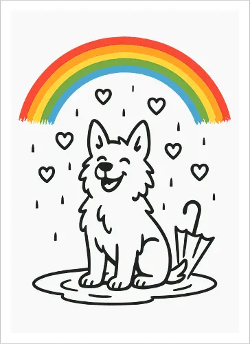 Happy Dog Under Rainbow Rain