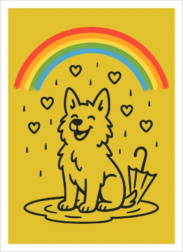 Happy Dog Under Rainbow Rain