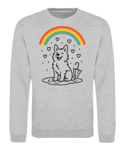 Happy Dog Under Rainbow Rain - happy dog, rainbow, rain, hearts, cute dog, dog lover, pet illustration, whimsical - Sweatshirt