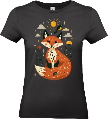 Whimsical Fox Under the Sun - whimsical fox, nature art, woodland animals, mystical, folklore, cute fox, fantasy art, sun and stars - Standard T-Shirt (Frauen)