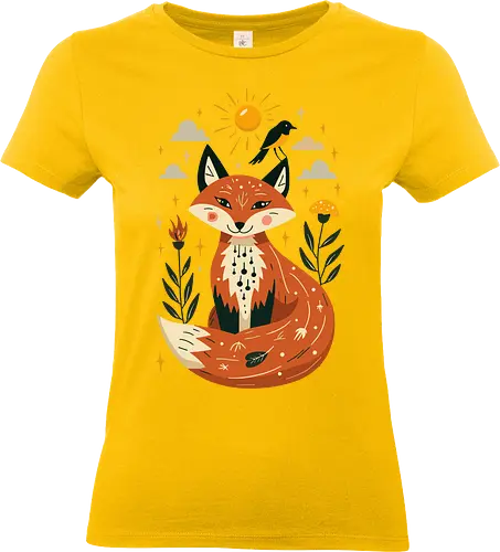 Whimsical Fox Under the Sun - whimsical fox, nature art, woodland animals, mystical, folklore, cute fox, fantasy art, sun and stars - Standard T-Shirt (Frauen)