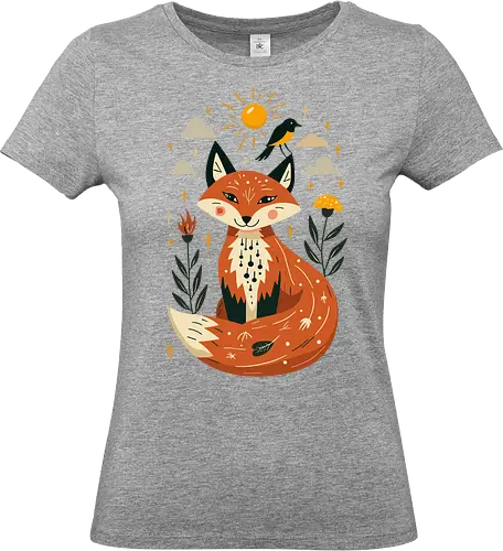Whimsical Fox Under the Sun - whimsical fox, nature art, woodland animals, mystical, folklore, cute fox, fantasy art, sun and stars - Standard T-Shirt (Frauen)