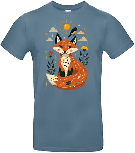 Whimsical Fox Under the Sun - whimsical fox, nature art, woodland animals, mystical, folklore, cute fox, fantasy art, sun and stars - Standard T-Shirt