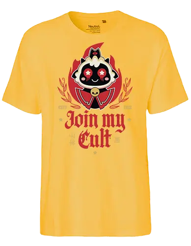Join My Cult Emblem - aesthetic, cute, kawaii, cool, funny, chibi, sweet, japan, japanese, game, video game, gaming, geek, nerd, otaku, anime, animal, Lamb, the lamb, lamb - Fairtrade T-Shirt