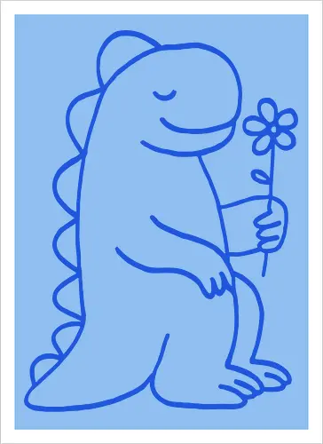 Gentle Blue Dinosaur with Flower