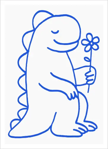 Gentle Blue Dinosaur with Flower