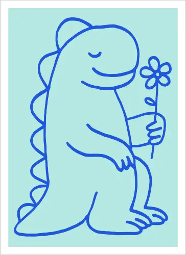 Gentle Blue Dinosaur with Flower