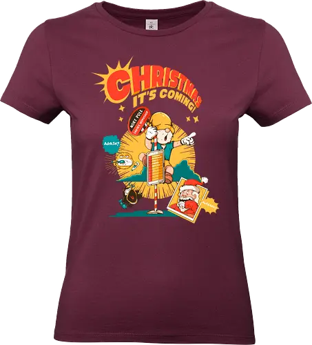 Weihnachten – Es kommt - bissige Weihnachten, Anti-Jubel, Weihnachten, düstere Feiertage, schwarzer Humor, Elf in Alarmbereitschaft, festlicher Zusammenbruch, lustige Weihnachten, Feiertags-Burnout, Weihnachtsmann-Panik - Standard T-Shirt (Frauen)